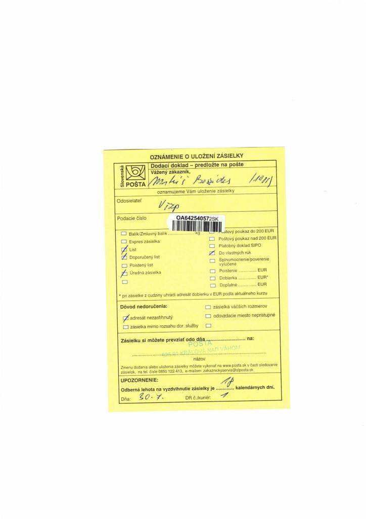 Oznámenie o uložení zásielky pre Matúš Beszédes. Odosielateľ VŠZP.