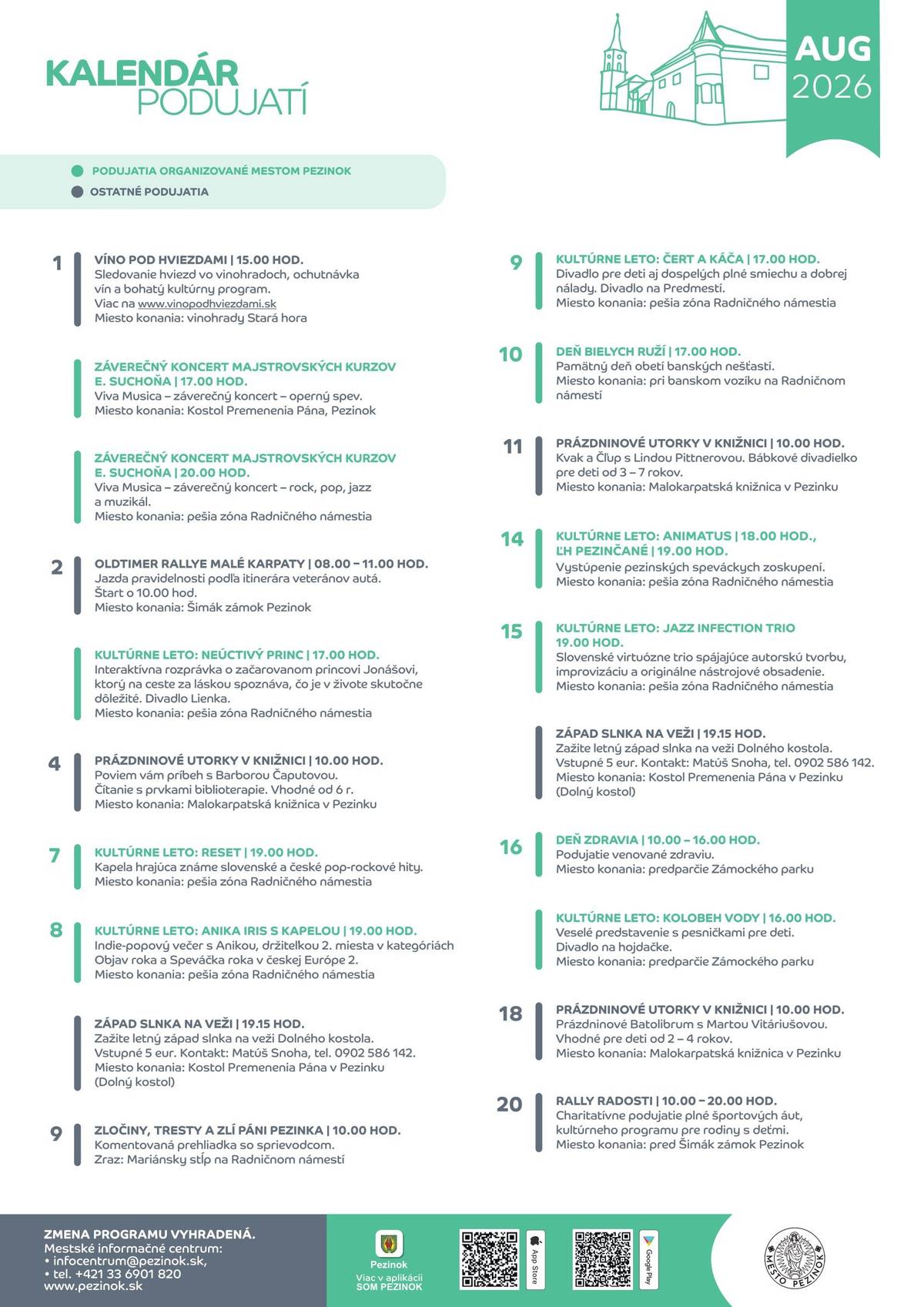 🤩Leto v Pezinku pokračuje aj v auguste pestrým programom pre všetky vekové kategórie. Čakajú vás koncerty v rámci Kultúrneho leta, divadelné predstavenia, festivaly, tradičný Pezinský Permoník, Deň zdravia, podujatia v Zámockom parku aj množstvo ďalších zážitkov. Vyberte si z programu a užite si leto v našom meste naplno. ▪1. august 2026 – ZÁVEREČNÝ KONCERT MAJSTROVSKÝCH KURZOV E. SUCHOŇA | 17.00 hod. Viva Musica – záverečný koncert – operný spev. Miesto konania: Kostol Premenenia Pána, Pezinok ▪1. august 2026 – ZÁVEREČNÝ KONCERT MAJSTROVSKÝCH KURZOV E. SUCHOŇA | 20.00 hod. Viva Musica – záverečný koncert – rock, pop, jazz a muzikál. Miesto konania: pešia zóna Radničného námestia ▪2. august 2026 – KULTÚRNE LETO: NEÚCTIVÝ PRINC | 17.00 hod. Interaktívna rozprávka o začarovanom princovi Jonášovi, ktorý na ceste za láskou spoznáva, čo je v živote skutočne dôležité. Divadlo Lienka. Miesto konania: pešia zóna Radničného námestia ▪7. august 2026 – KULTÚRNE LETO: RESET | 19.00 hod. Kapela hrajúca známe slovenské a české pop-rockové hity. Miesto konania: pešia zóna Radničného námestia ▪8. august 2026 – KULTÚRNE LETO: ANIKA IRIS S KAPELOU | 19.00 hod. Indie-popový večer s Anikou, držiteľkou 2. miesta v kategóriách Objav roka a Speváčka roka v českej Európe 2. Miesto konania: pešia zóna Radničného námestia ▪9. august 2026 – KULTÚRNE LETO: ČERT A KÁČA | 17.00 hod. Divadlo pre deti aj dospelých plné smiechu a dobrej nálady. Divadlo na Predmestí. Miesto konania: pešia zóna Radničného námestia ▪14. august 2026 – KULTÚRNE LETO: ANIMATUS | 18.00 hod. Vystúpenie pezinských speváckych zoskupení. Miesto konania: pešia zóna Radničného námestia ▪14. august 2026 – KULTÚRNE LETO: LH PEZINČANÉ | 19.00 hod. Vystúpenie ľudovej hudby Pezinčané. Miesto konania: pešia zóna Radničného námestia ▪15. august 2026 – KULTÚRNE LETO: JAZZ INFECTION TRIO | 19.00 hod. Slovenské virtuózne trio spájajúce autorskú tvorbu, improvizáciu a originálne nástrojové obsadenie. Miesto konania: pešia zóna Radničného námestia ▪16. august 2026 – KULTÚRNE LETO: KOLOBEH VODY | 16.00 hod. Veselé predstavenie s pesničkami pre deti. Divadlo na hojdačke. Miesto konania: predpolie Zámockého parku ▪21. – 23. august 2026 – PEZINSKÝ PERMONÍK XXIX. ročník Malokarpatskej výstavy a burzy minerálov, fosílií a drahých kameňov spojený s pouličným ryžovaním zlata a bohatým kultúrnym programom. Miesto konania: interiér a exteriér Domu kultúry Pezinok ▪27. august 2026 – OSLAVY SNP | 10.00 hod. Pietna spomienka. Miesto konania: pomník na Mladoboleslavskej ulici ▪28. august 2026 – KULTÚRNE LETO: TÚLAVÉ DIVADLO – CYRANO ALEBO BALÁBILE O NOSE | 19.00 hod. Veľká romantická hra o láske, odvahe a priateľstve. Miesto konania: pešia zóna Radničného námestia ▪29. august 2026 – SAD LIVE | 14.00 – 22.00 hod. Festival spojený s energickým záverom sezóny na mlyne. Miesto konania: Schaubmarov mlyn ▪29. august 2026 – KULTÚRNE LETO: GITAROVÉ KVARTETO | 19.00 hod. Príjemný gitarový večer so špičkovým súborom úspešným aj na medzinárodnej scéne. Miesto konania: pešia zóna Radničného námestia ▪30. august 2026 – PIKNIK V PARKU | 13.00 – 18.00 hod. Kultúrny program, spoločenské hry, regionálne chute a interaktívne tipy na výlety a podujatia. Miesto konania: Zámocký park ▪30. august 2026 – ROZLÚČKA S PRÁZDNINAMI: S HUDBOU VESMÍRNOU | 19.00 hod. Bodku za Kultúrnym letom dajú traja mladí ľudia, ktorých baví realizovať svoje nápady. Podujatie je realizované s finančnou podporou Ministerstva cestovného ruchu a športu Slovenskej republiky. Za partnerskú pomoc ďakujeme Travel Malé Karpaty, Ministerstvo cestovného ruchu a športu SR  Miesto konania: Radničné námestie