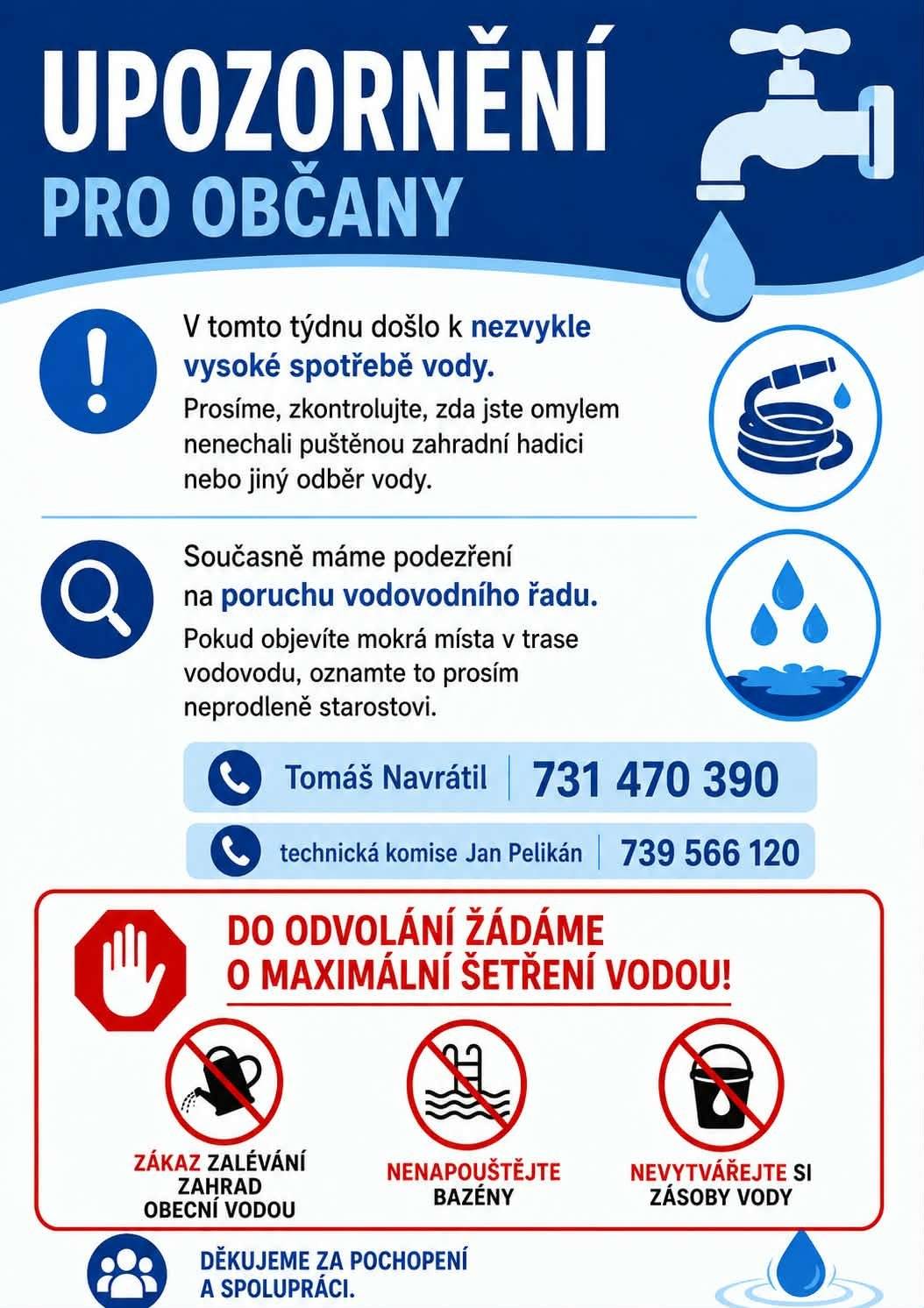 V tomto týdnu došlo k nezvykle vysoké spotřebě vody. Do odvolání prosíme šetřete vodou. ZÁKAZ ZALÉVÁNÍ ZAHRAD OBECNÍ VODOU, nenapouštějte bazény a nevytvářejte si zásoby vody. Současně máme podezření na poruchu vodovodního řadu. Pokud objevíte mokrá místa v trase vodovodu, oznamte to prosím neprodleně starostovi ( Tomáš Navrátil 731 470 390) nebo technické komisi ( Jan Pelikán 739 566 120). Děkujeme za spolupráci.