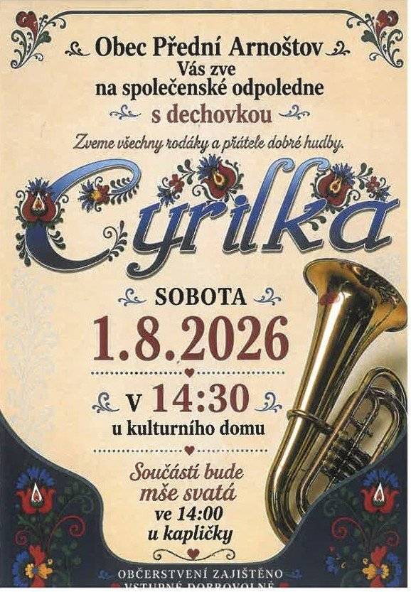 V obci Přední Arnoštov se v sobotu 1. srpna uskuteční setkání rodáků.
