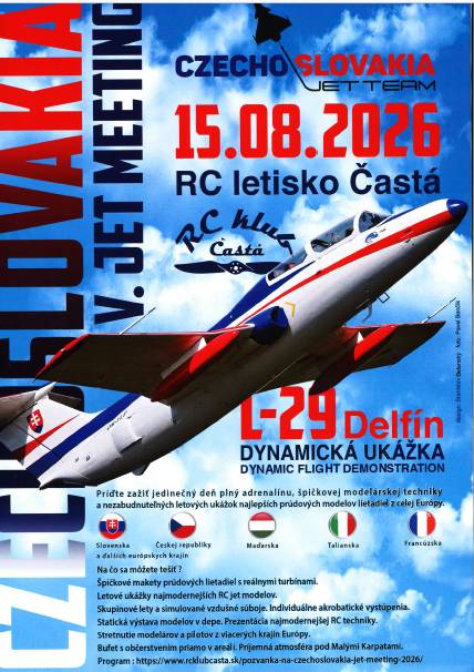 RC klub Častá vás pozýva na V. JET MEETING, ktorý sa bude konať 15.08.2026 na RC letisko Častá.