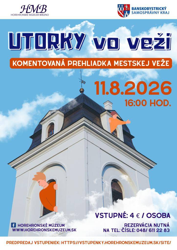 Horehronské múzeum pozýva verejnosť na komentované prehliadky Mestskej veže z cyklu podujatí Utorky vo veži, ktoré ponúkajú jedinečný pohľad na jednu z najvýznamnejších historických dominánt mesta – Mestskú vežu v Brezne.