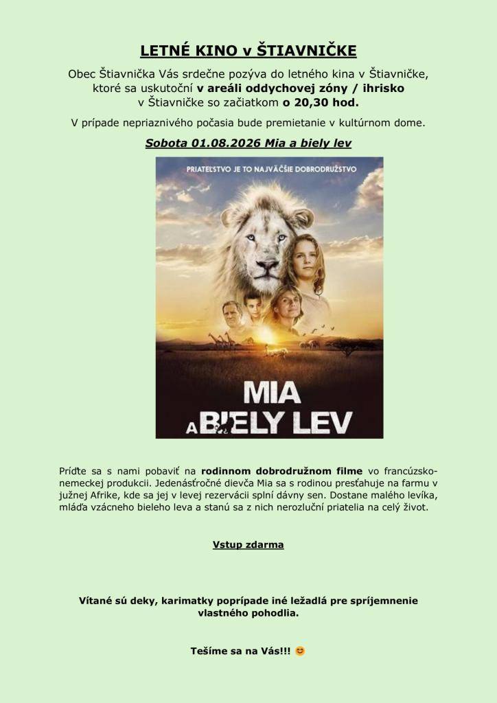 Pozývame občanov na Letné kino dňa 01.08.2026 (sobota) o 20,30 hod. v areáli oddychovej zóny / ihrisko v Štiavničke so začiatkom o 20,30 hod.