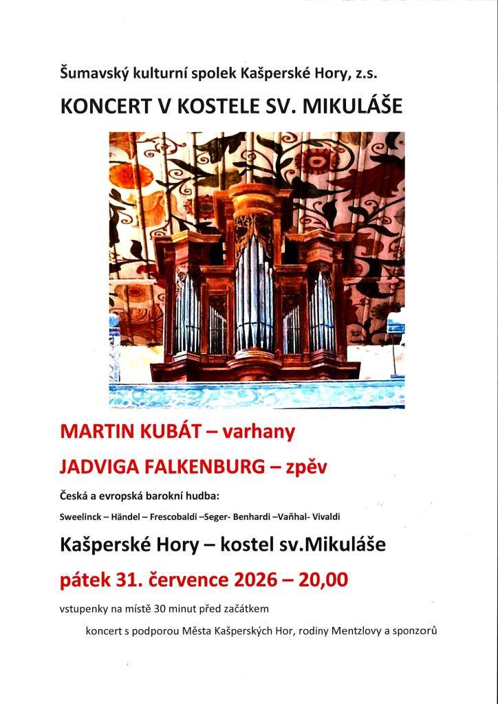 Koncert české a evropské barokní hudby v pátek 31. července od 20:00 hodin v kostele sv. Mikuláše na Kašperských Horách.