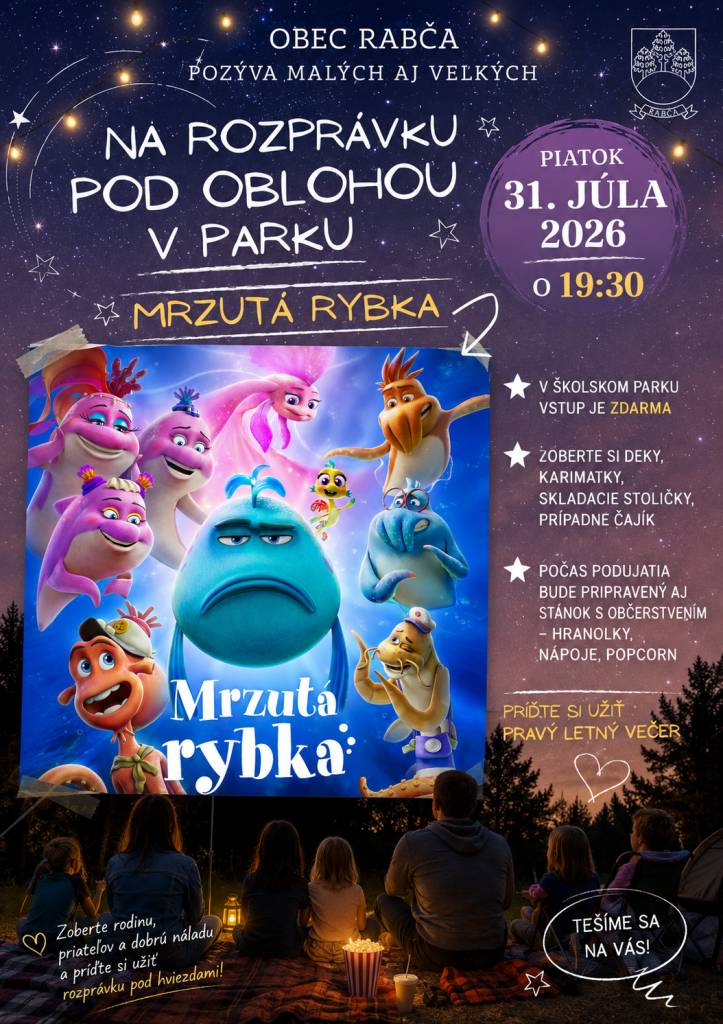 Čo tak na chvíľu odložiť mobily a stráviť letný večer pod hviezdami?  Tento piatok 31. júla o 19:30 sa školský park premení na malé letné kino.   Premietať budeme rozprávku Mrzutá rybka – takže ak máte doma malých filmových fanúšikov