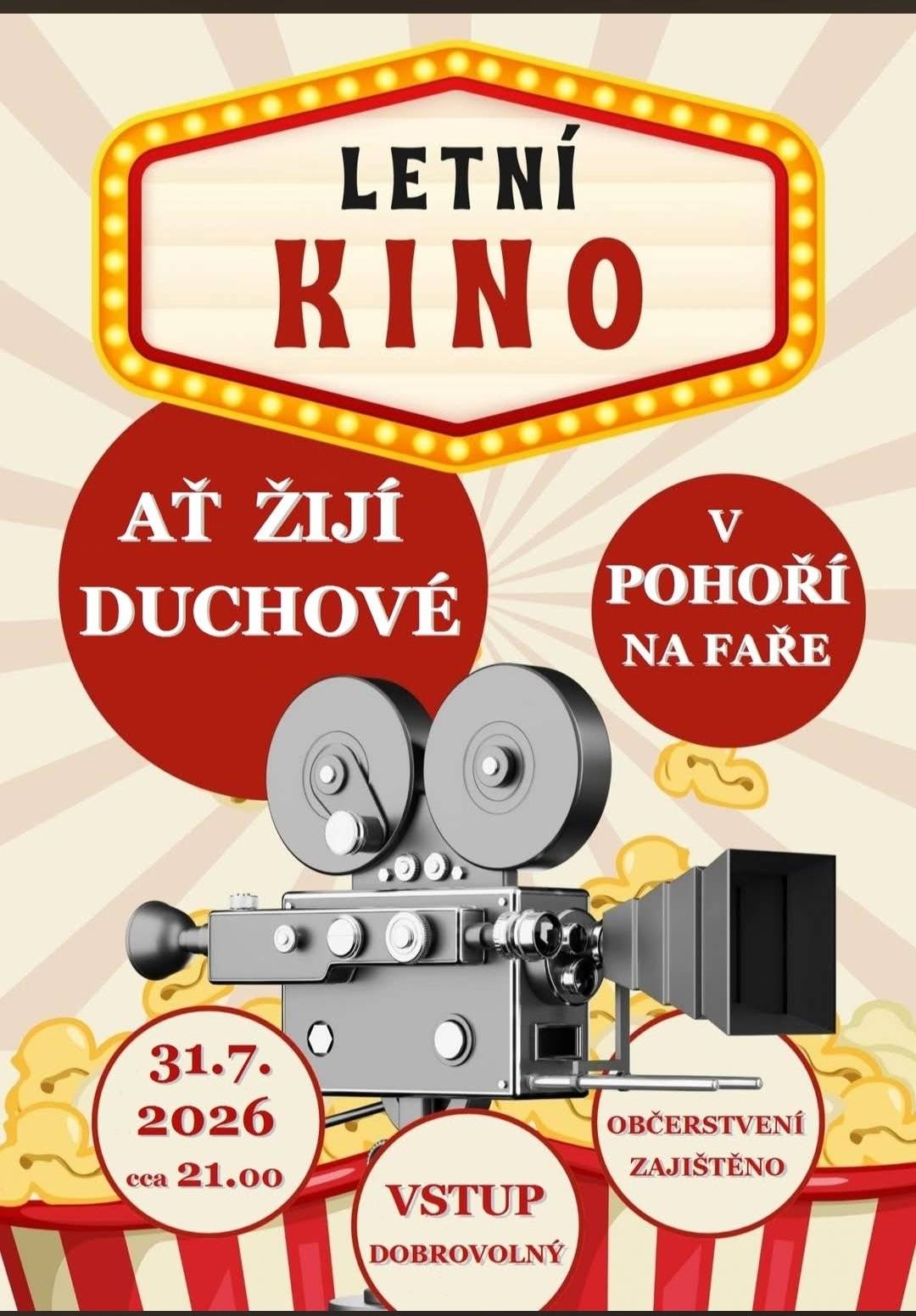 Vážení, srdečně Vás zveme na letní kino v Pohoří na faře. Již tento pátek od 21:00 hod.Promítat se bude film Ať žijí duchové.Přijďte o něco dříve a užijte si posezení před začátkem promítání.Občerstvení zajištěno.
