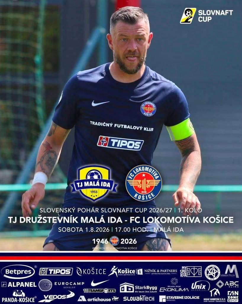 Malá Ida sa už túto sobotu stane dejiskom futbalového sviatku. V 1. kole Slovnaft Cupu privítame na ihrisku klub FC Lokomotíva Košice. Veríme, že naše tribúny zaplnia fanúšikovia všetkých a spoločne vytvoríme atmosféru. Sobota 1. augusta 2026 17:00 hod. Futbalové ihrisko TJ Družstevník Malá Ida.