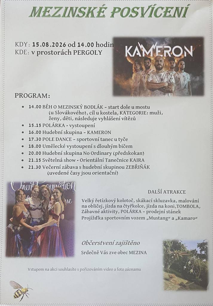 15.8.2026 od 14.00 hod za pergolou v Mezině se koná Mezinské posvícení