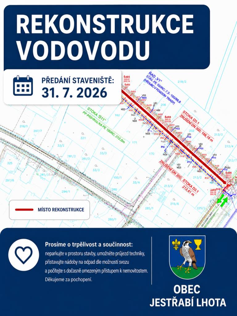 dne 31. 7. 2026 proběhne předání staveniště a následně bude zahájena rekonstrukce vodovodu v ulici u hřiště.