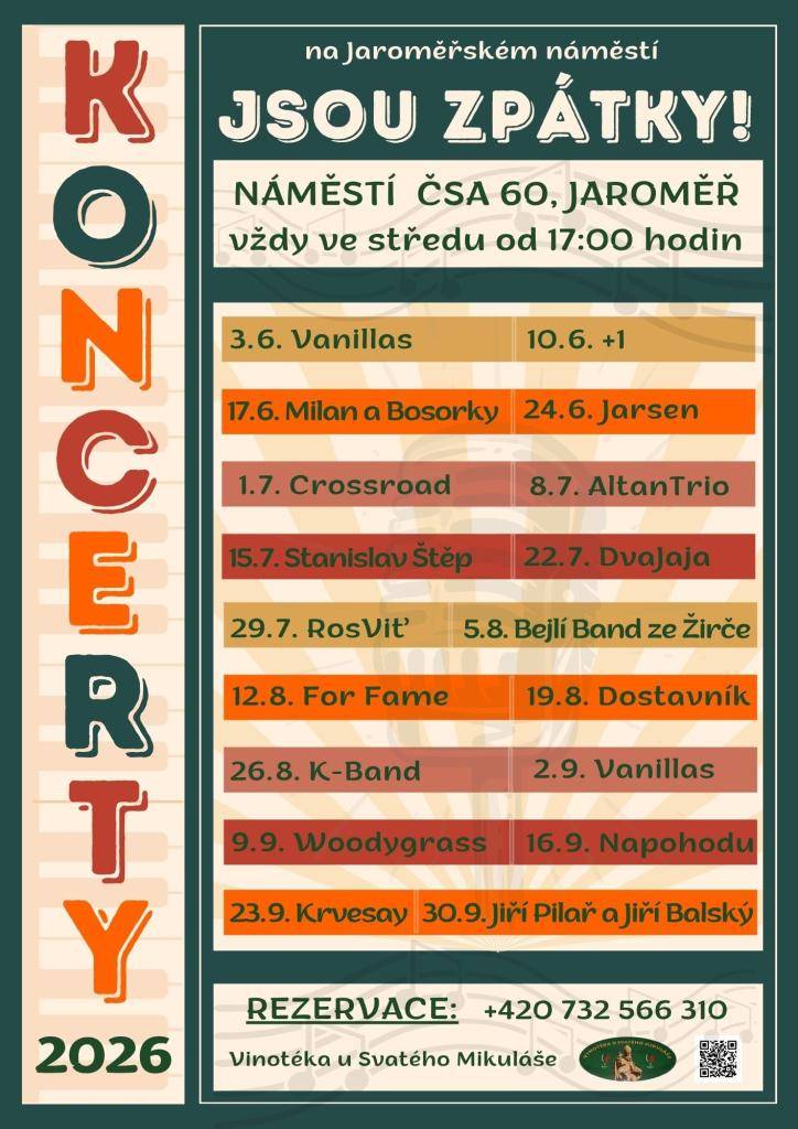 Oblíbené koncerty jsou zpátky ! Na programu jsou různé kapely a umělci, jako například Vanillas, Milan a Bosorky apod. Akce je skvělou příležitostí pro všechny milovníky hudby k příjemnému strávení času v našem městě.