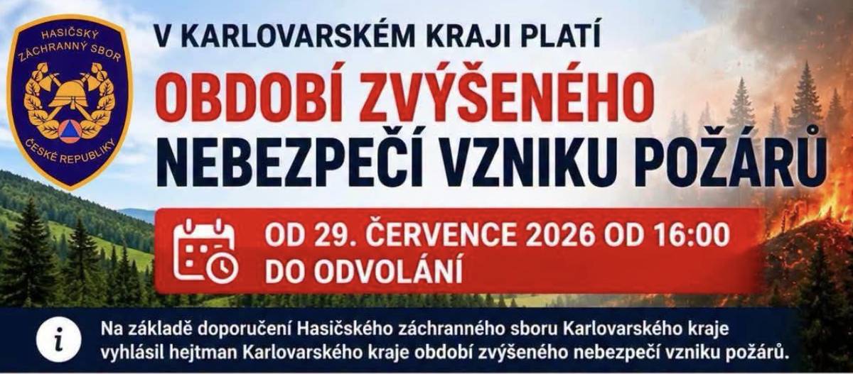 CHODOV (29. 7. 2026) - Hejtman Karlovarského kraje Petr Kubis dnes vydal rozhodnutí č. 8/2026, kterým s účinností od 29. července 2026 od 16 hodin do odvolání vyhlašuje pro celé území Karlovarského kraje období zvýšeného nebezpečí vzniku požárů. Rozhodnutí bylo vydáno na základě doporučení Hasičského záchranného sboru Karlovarského kraje. Rozhodnutí reaguje na současnou nepříznivou meteorologickou situaci, kterou charakterizuje dlouhodobý nedostatek dešťových srážek a výskyt vysokých teplot. Více info na www.mestochodov.cz.  V době platnosti opatření je na plochách pokrytých vegetací zakázáno zejména:   rozdělávat a udržovat otevřený oheň,  používat pyrotechnické výrobky,  vypouštět létající lampiony se zdrojem otevřeného ohně,  odhazovat hořící nebo doutnající předměty.