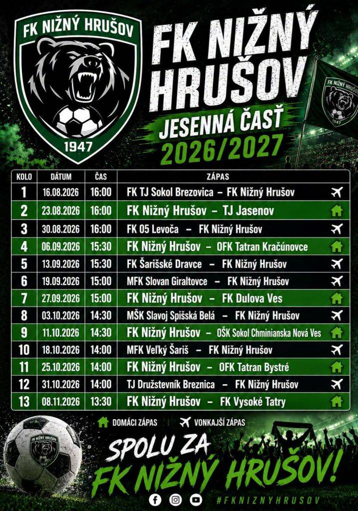 Prinášame Vám  rozpis majstrovských zápasov pre jesennú časť sezóny 2026/2027 5. ligy SEVER. Viac info tu.