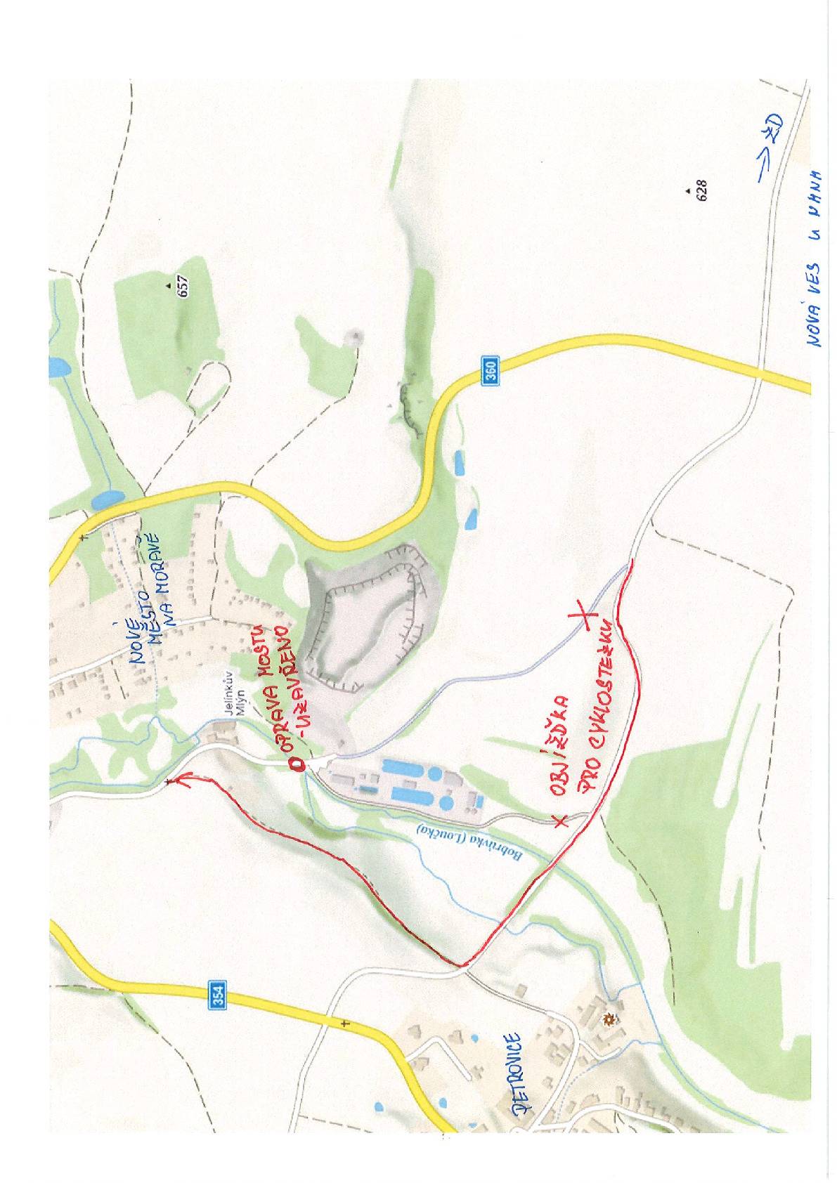 Z důvodu havarijníího stavu bude od 3.8.2026 do 3.10.2026 úplně  uzavřen most u čističky Nové Město na Moravě. Cyklisté i chodci mohou využívat objízdnou trasu od Petrovic, viz. mapa.