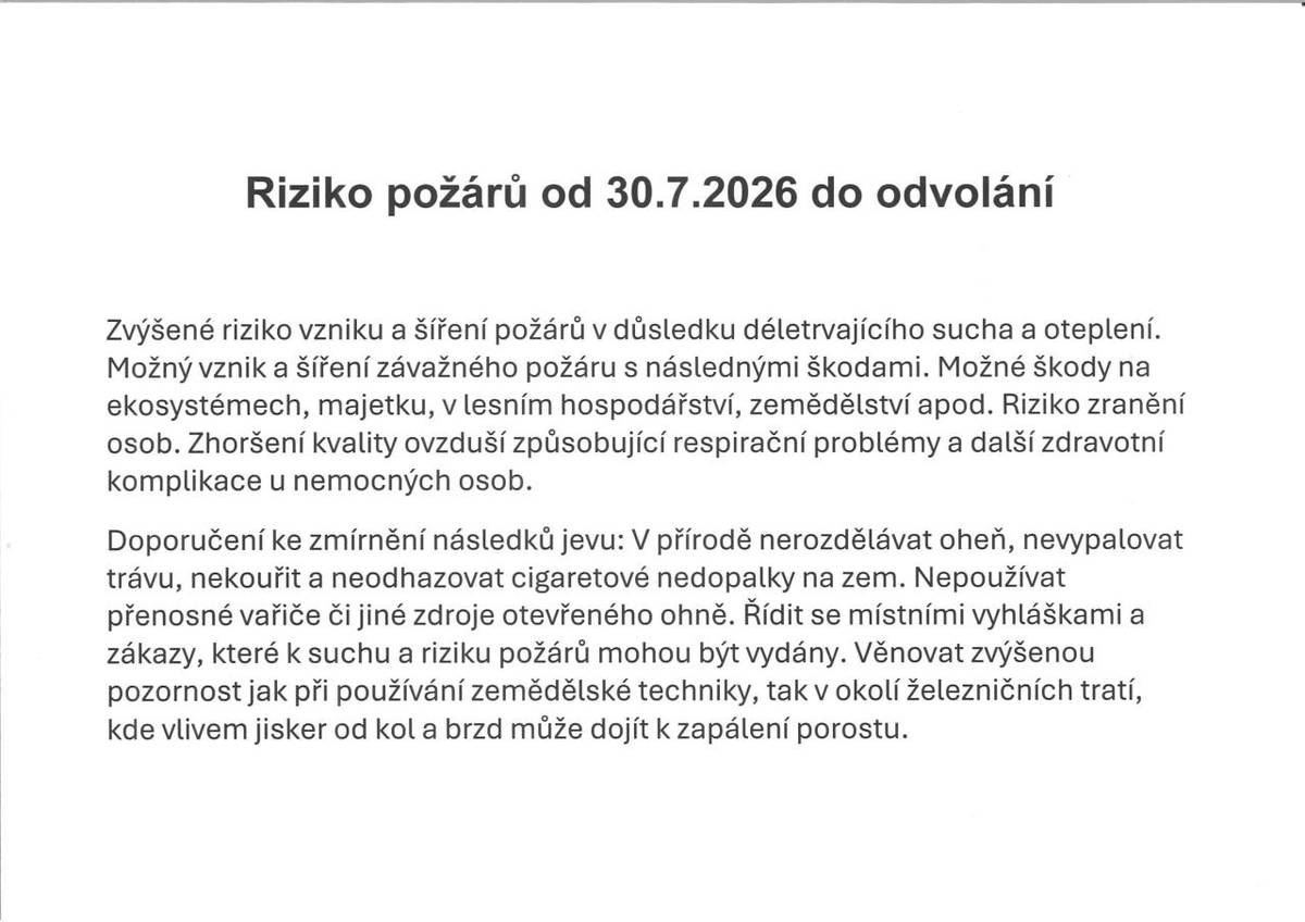 Riziko požárů od 30.7.2026 11:37 do odvolání