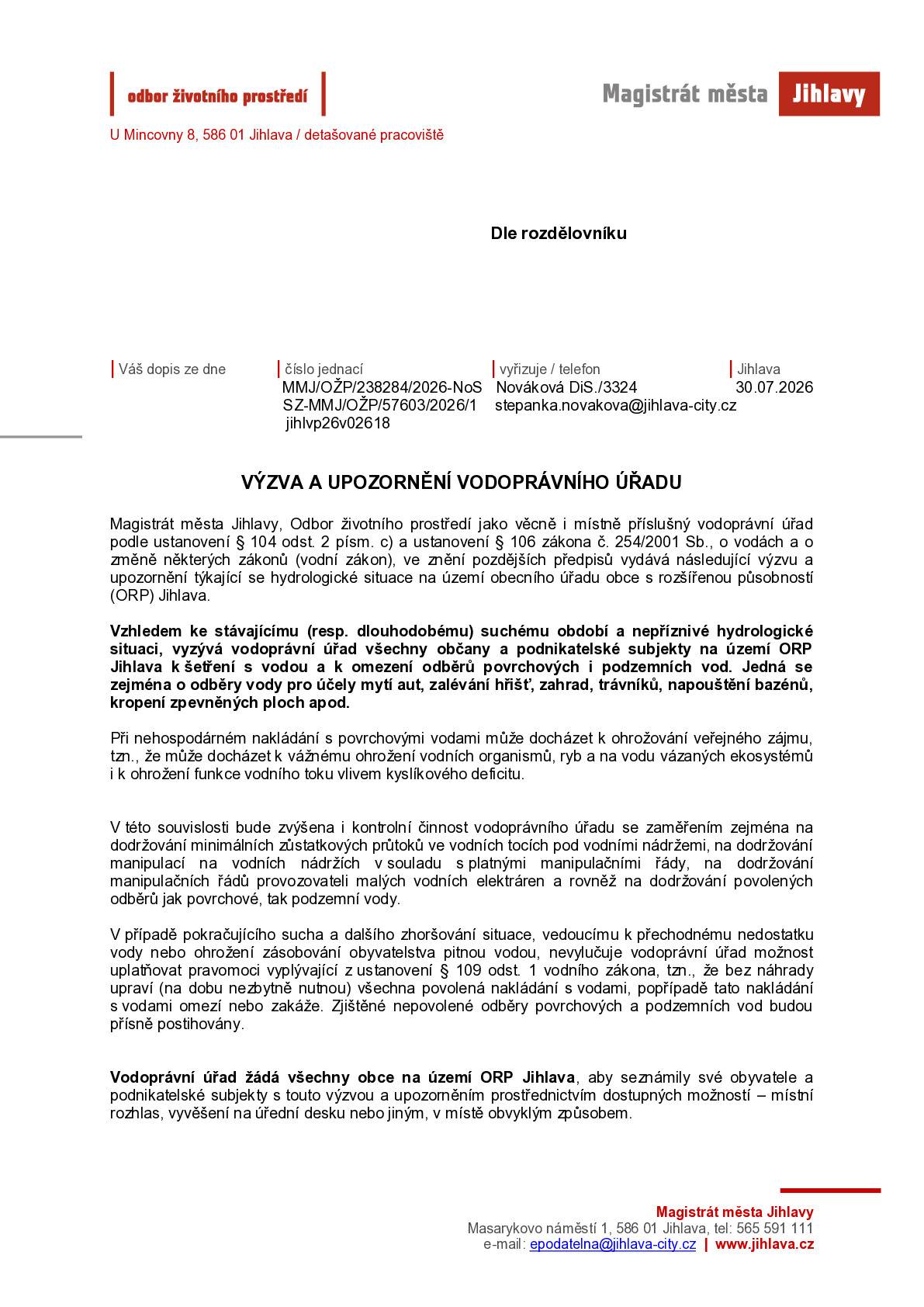 Informace od Magistrátu města Jihlavy o nutnosti šetření s vodou v celém ORP Jihlava.