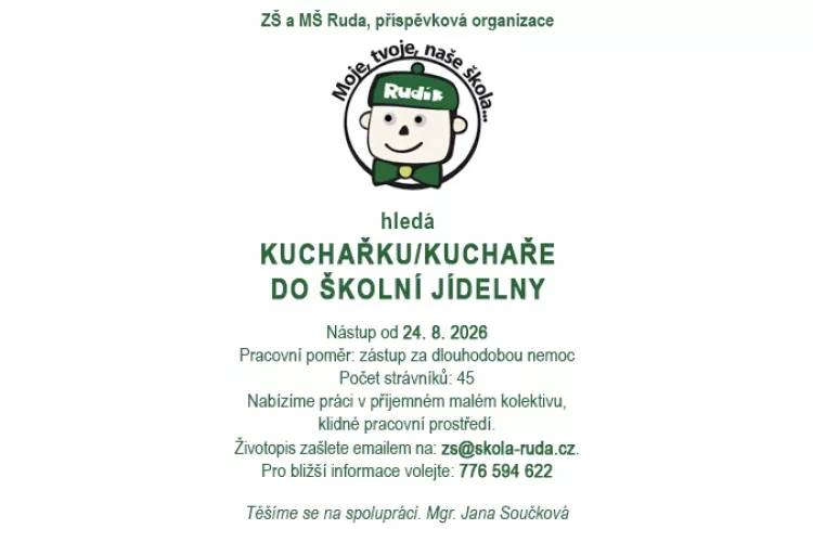 ZŠ a MŠ Ruda přijme kuchařku/kuchaře do školní jídelny
