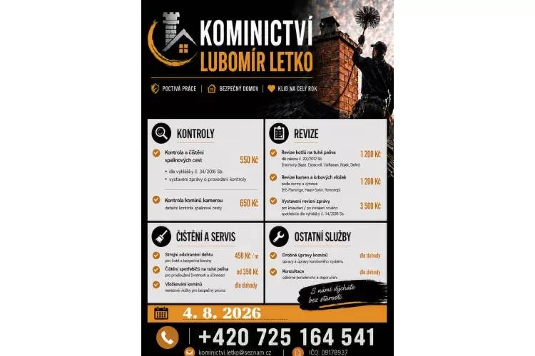 Kominictví Letko oznamuje občanům, že dne 4.8. bude v našem okolí provádět kominické práce.