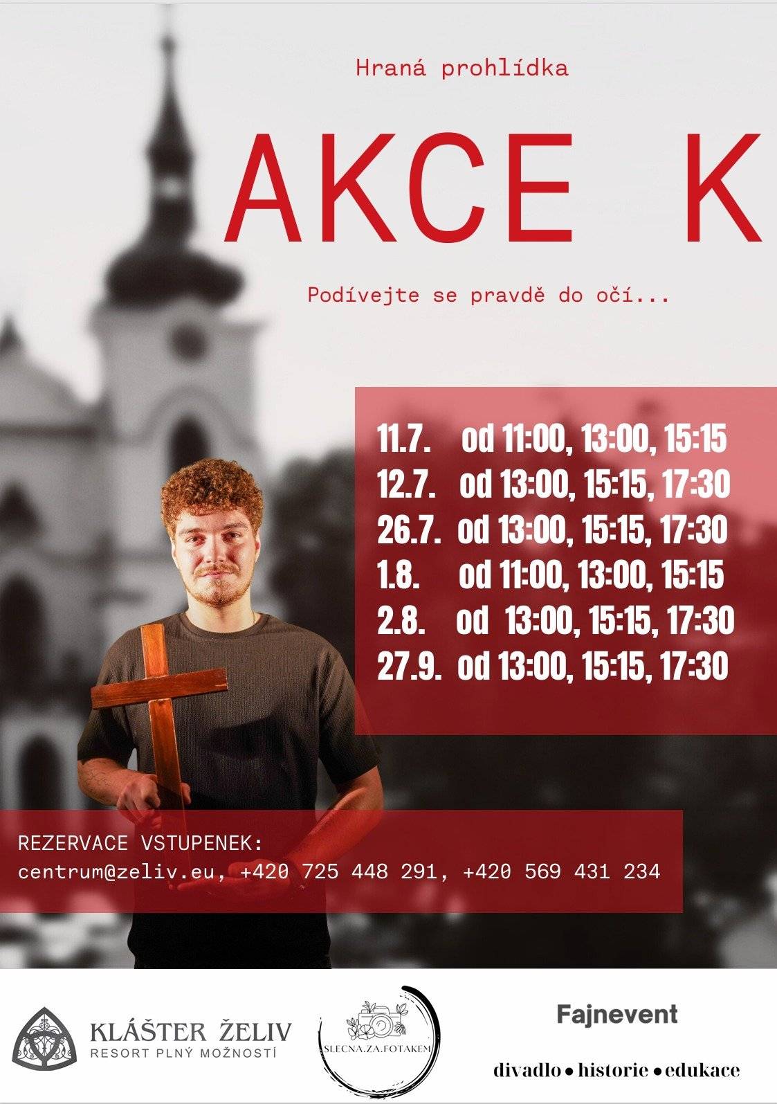 Víkend plný nevšedních zážitků v želivském klášteře O prvním srpnovém víkendu jsme pro vás připravili mimořádné prohlídky, které nabídnou jedinečný pohled na historii i architekturu kláštera. Sobota 1. srpna 2026 🔹 11:00 | 13:00 | 15:15 – Hraná prohlídka Akce K Silný příběh inspirovaný skutečnými událostmi z roku 1950. 🔹 17:00 – Za oponou baroka Speciální komentovaná prohlídka zaměřená na architekturu, symboliku a skrytá tajemství barokního kláštera. Neděle 2. srpna 2026 🔹 13:00 | 15:15 | 17:30 – Hraná prohlídka Akce K Těšíme se na vaši návštěvu.