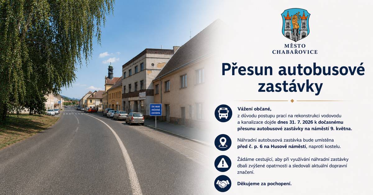 Vážení občané, z důvodu postupu prací na rekonstrukci vodovodu a kanalizace dojde dnes 31. 7. 2026 k dočasnému přesunu autobusové zastávky na náměstí 9. května. Náhradní autobusová zastávka bude umístěna před č.p. 6 na Husově náměstí, naproti kostelu. Žádáme cestující, aby při využívání náhradní zastávky dbali zvýšené opatrnosti a sledovali aktuální dopravní značení. Děkujeme za pochopení.