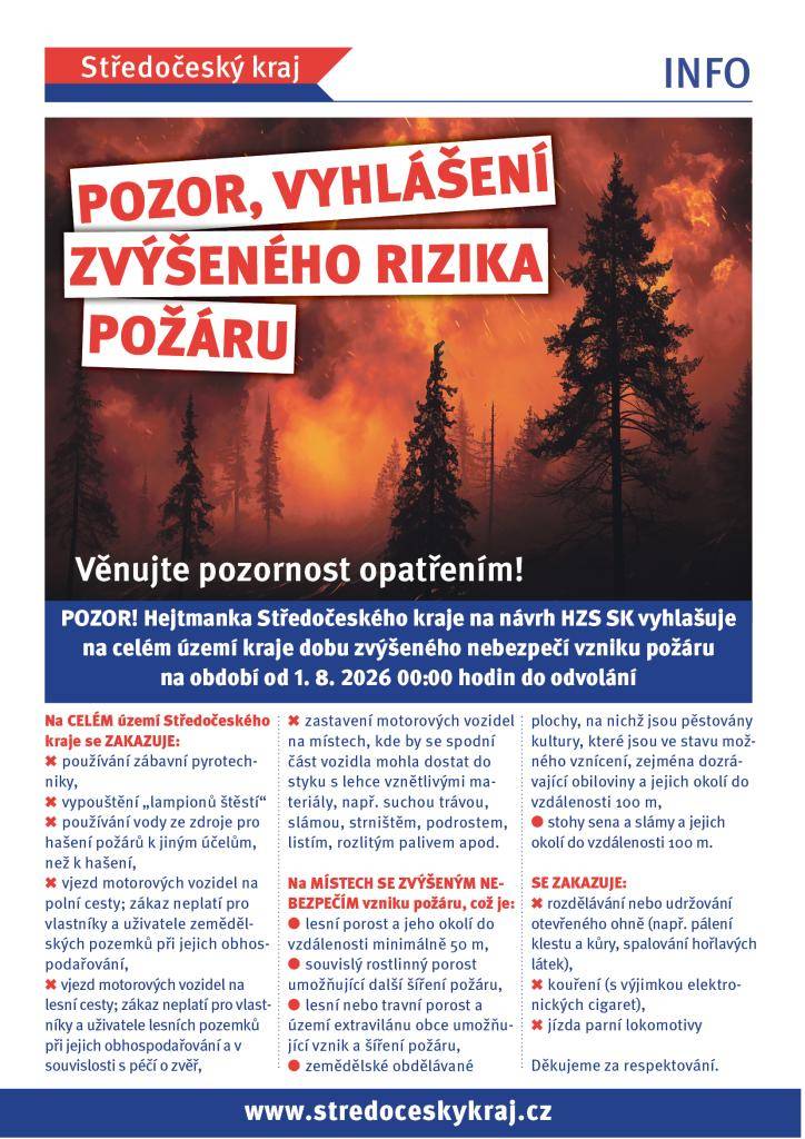 Pozor! Vyhlášení zvýšeného rizika požáru.