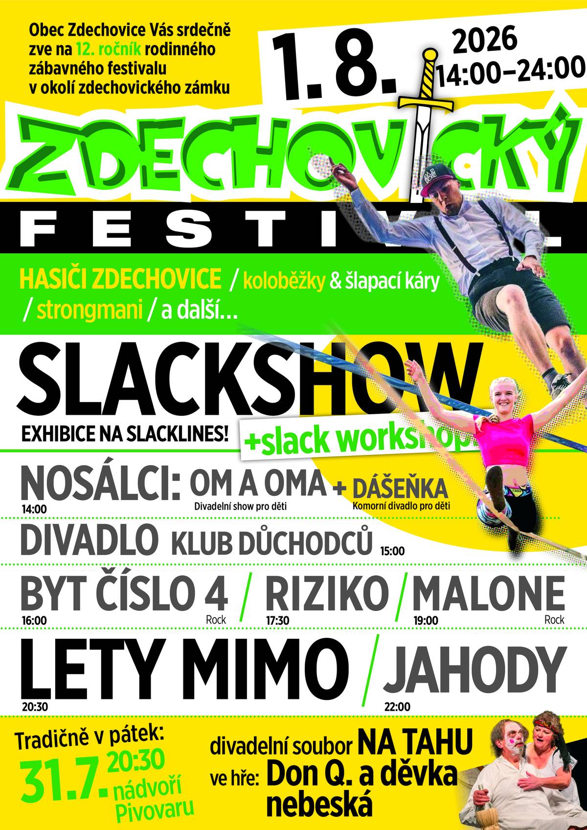 Zveme všechny občany tento pátek 31.7.2026 a v sobotu 1.8.2026 do zámeckého parku ve Zdechovicích na tradiční Zdechovický festival. Vstup zdarma.
