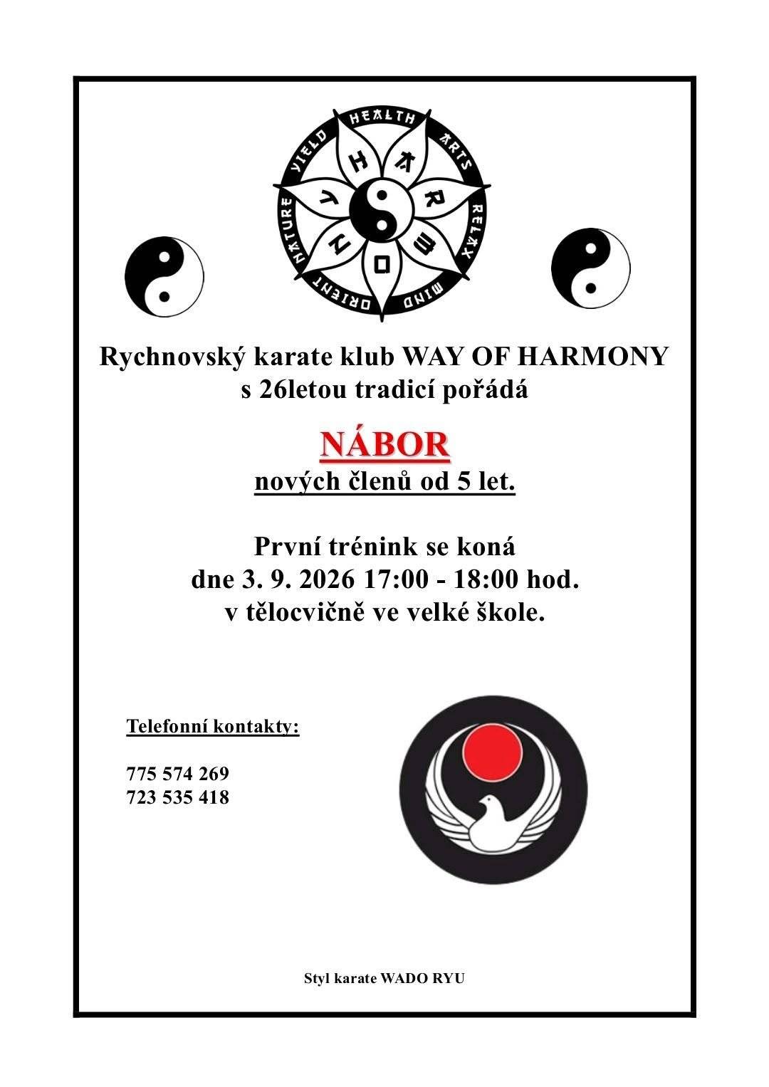Rychnovský Karate klub pořádá 3.9.2026 od 17 - 18 h v tělocvičně ve velké škole nábor nových členů od 5 let.