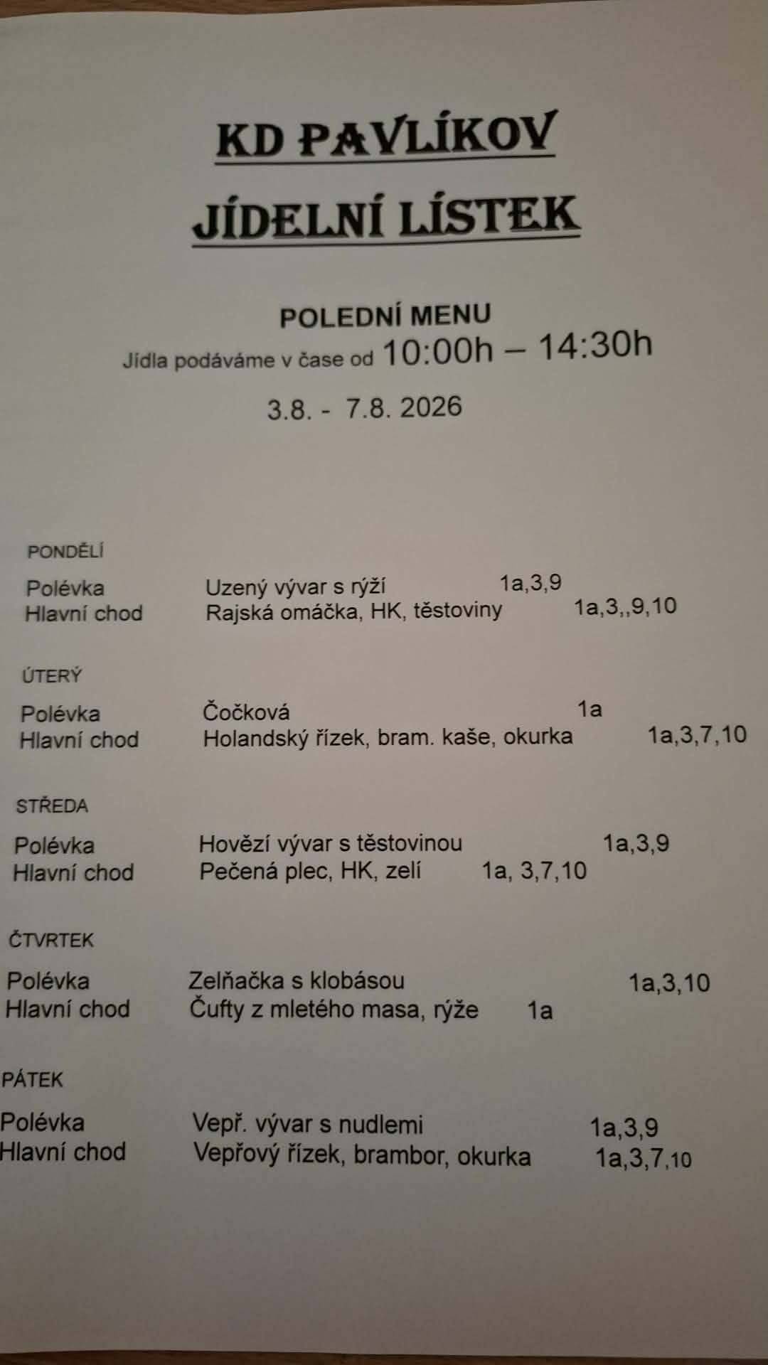 Jídelní lístek KD Pavlíkov od 3.8.do 7.8.2026