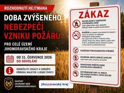 HZS Jihomoravského kraje (HZS JHM) ve spolupráci s Krajským úřadem Jihomoravského kraje předává Rozhodnutí hejtmana číslo 1/2026 ze dne 31. července 2026 o vyhlášení doby zvýšeného nebezpečí vzniku požáru pro celé území Jihomoravského kraje. HZS JHM dále žádá starosty obcí, aby o této skutečnosti informovali své občany, a to místně obvyklým způsobem.