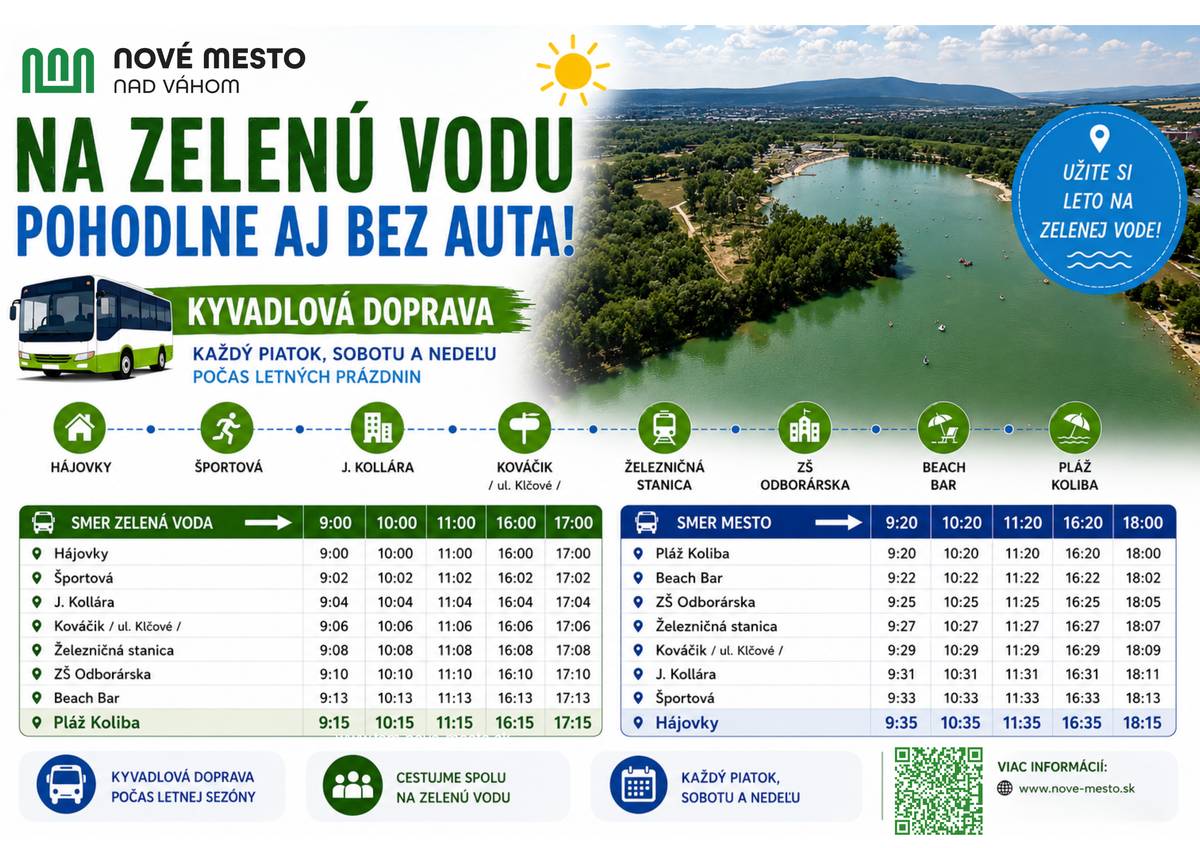 Milí Novomešťania,  počas festivalového víkendu bude premávať kyvadlová doprava na trase: Hájovky – Športová – J. Kollára – Kováčik (ul. Klčové) – Železničná stanica – ZŠ Odborárska – Zelená voda - Beach Bar. ⚠️ Dôležité upozornenie: Nástup a výstup cestujúcich na Zelenej vode bude počas tohto víkendu možný výhradne na zastávke Beach Bar. Kyvadlová doprava nebude pokračovať na zastávku Pláž Koliba, pretože v tejto časti sa nachádzajú festivalové parkoviská a očakáva sa tam výrazne spomalená doprava. Odchody z Hájoviek sú naplánované na 9.00, 10.00, 11.00, 16.00 a 17.00 hod. Posledný spoj zo Zelenej vody, zo zastávky Beach Bar, odchádza smerom do mesta o 18.00 hod. Autobus zo zastávky neodíde skôr, vzhľadom na zvýšenú intenzitu dopravy počas festivalu však môže dôjsť k jeho meškaniu. Ďakujeme za trpezlivosť a pochopenie. ☀️ Užívajte si leto, Zelenú vodu aj BIG SUMMER FEST naplno! Nezabúdajte však na dostatočný pitný režim, opaľovací krém a pokrývku hlavy. Buďte všímaví a ohľaduplní k svojmu okoliu – aby sme si všetci odniesli len krásne letné zážitky.