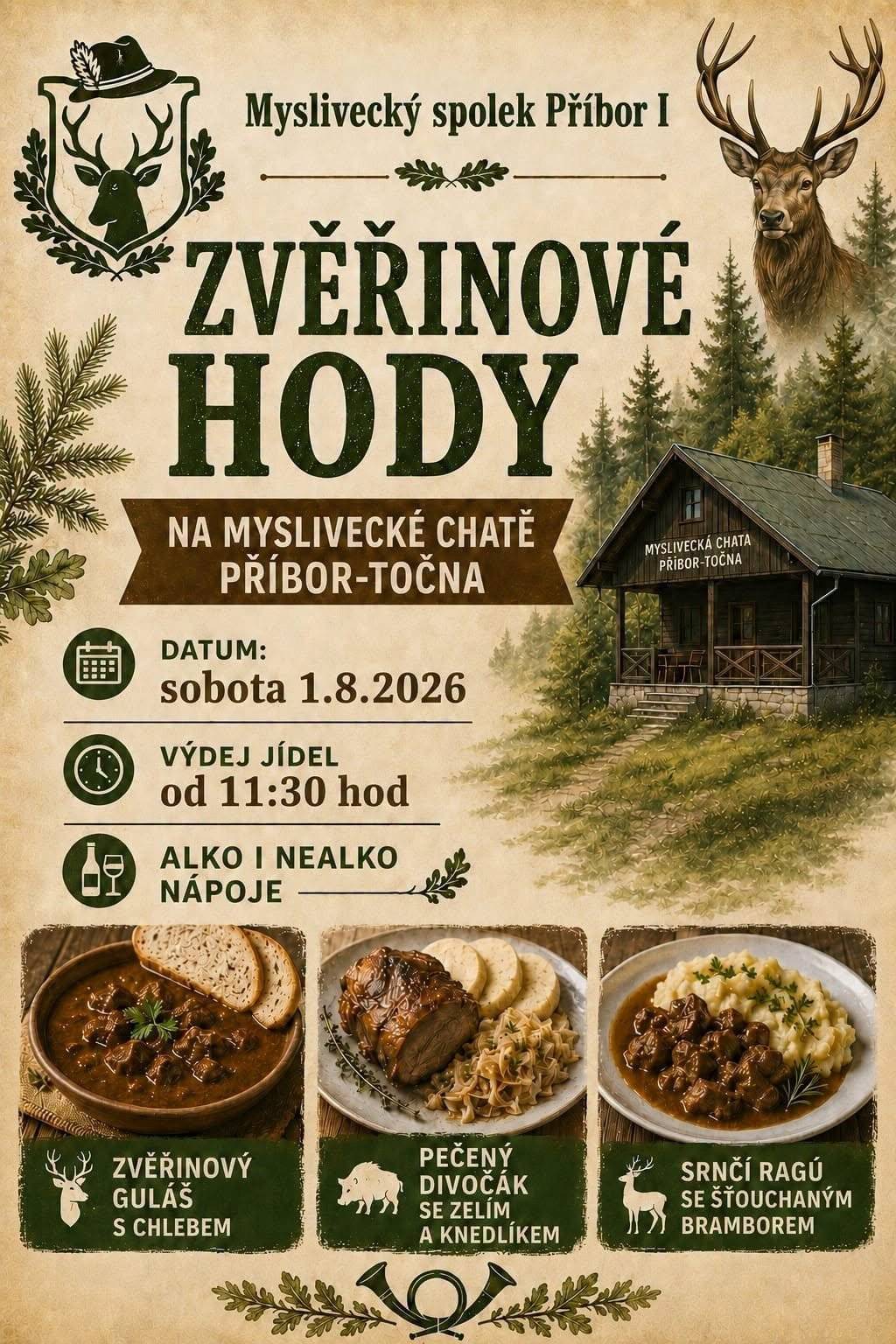 Sobotní plán klidně nechte na chuti a náladě: někdo půjde na zvěřinu, někdo na koupák, někdo na buřtguláš, někdo do pivovaru… a někdo stihne všechno. 😄  🦌 ZVĚŘINOVÉ HODY – Myslivecký spolek Příbor I 📍 Myslivecká chata Příbor-Točna | ⏰ výdej jídel od 11:30 Zvěřinový guláš, pečený divočák nebo srnčí ragú se šťouchaným bramborem.  🔥 OPEN FIRE v Pivojemu 📍 Nádvoří pivovaru Pivojem, Josefa Rašky 392, Příbor | ⏰ od 12:00 Oheň, vůně grilu a k tomu pivo – jednoduchá radost.  🍲 MINI SOUTĚŽ V BUŘTGULÁŠI (2. ročník) – Orinoko Příbor 📍 Orinoko Příbor | ⏰ start 12:00 | 👅 ochutnávka od 14:00 Degustační porce za 55 Kč, navečer opékání špekáčků.  🌊 LETNÍ OPEN AIR na Koupáku – Koupák Příbor ☀️ přes den pohoda u vody | 🌙 večer taneční energie (Vstup „nula navíc“ – prostě dorazte.)