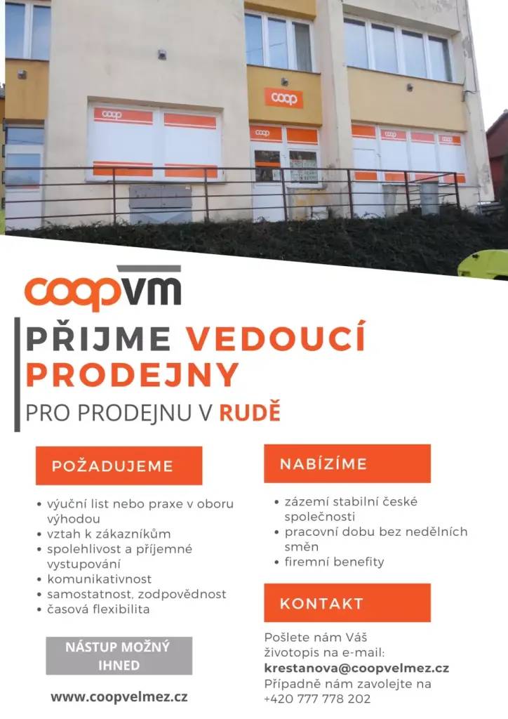 Inzerce - vedoucí prodejny v Rudě