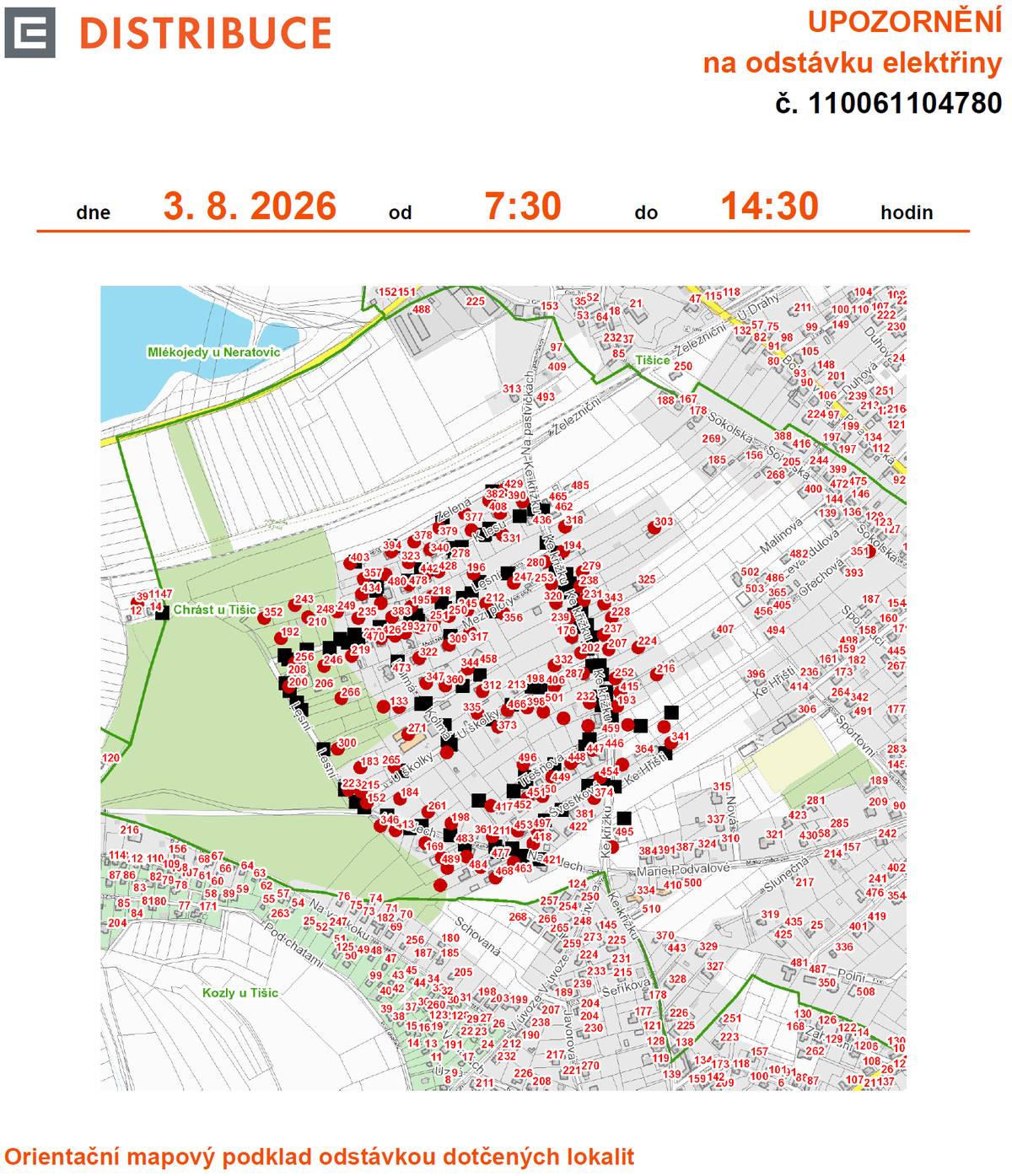 V pondělí 3. srpna od 7:30 do 14:30 bude v části Chrástu plánovaná odstávka elektřiny. Dotkne se těchto ulic a adres: 📍 K lesu: č. p. 323, 331, 340, 357, 408, 428, 434, 442, 478 📍 Ke Hřišti: č. p. 341 📍 Ke křížku: č. p. 176, 193, 194, 202, 207, 216, 224, 228, 231, 232, 237, 238, 239, 252, 253, 279, 280, 287, 303, 318, 320, 343, 390, 415 📍 Kolmá: č. p. 312, 344, 347, 360 📍 Lesní: č. p. 133, 183, 192, 195, 196, 210, 212, 215, 218, 219, 223, 235, 243, 245, 246, 247, 249, 250, 251, 256, 266, 270, 289, 293, 300, 352, 383, 426 a č. ev. 200 📍 Mezi ploty: č. p. 309, 317, 322, 356 📍 Na ladech: č. p. 152, 169, 184, 198, 211, 261, 346, 413, 418, 453, 463, 468, 489 📍 Sokolská: č. p. 351 📍 Švestková: č. p. 374, 454 📍 Třešňová: č. p. 448, 449, 451 📍 U školky: č. p. 265, 271, 332, 335, 373, 398, 406, 466 📍 Zelená: č. p. 377, 378, 379, 382, 394, 403, 429 Prosíme, počítejte s touto odstávkou při plánování pondělního dne🔌