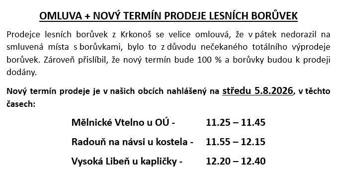 Nový termín prodeje je v našich obcích nahlášený na středu 5.8.2026.