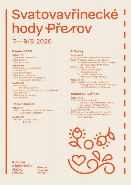 Přerov se od 7. do 9. srpna promění v centrum zábavy, kultury a tradic. Svatovavřinecké hody 2026 přinesou tři dny koncertů, historických oslav, folkloru i doprovodných akcí pro celé rodiny. Novinkou letošního ročníku budou Hody u Trafačky v ulici Na Marku, které vrátí do hodového programu lidové tradice, kroje a folklor.Na Masarykově náměstí vystoupí během víkendu například Kamil Střihavka, Citron, Protheus, Jana Kirschner nebo Olympic. Jedním z vrcholů oslav se stane sobotní historický program připomínající 770 let od povýšení Přerova na město. Diváci se mohou těšit na příjezd krále Přemysla Otakara II., slavnostní předání městských práv i historický průvod s loučemi a koňmi.Součástí hodů bude také tradiční hodová výstava v Galerii Přerov. Letos představí díla významných českých ilustrátorů, mezi nimiž nechybí Zdeněk Miler, Adolf Born, Jiří Trnka nebo Pavel Čech.Návštěvníci si budou moci zdarma užít rovněž historický jarmark na Horním náměstí, komunitní snídani na hradbách či oblíbené projížďky koňským povozem po nábřeží Bečvy. Kompletní program hodů je zveřejněn na webu města a Kulturních a informačních služeb Přerov.