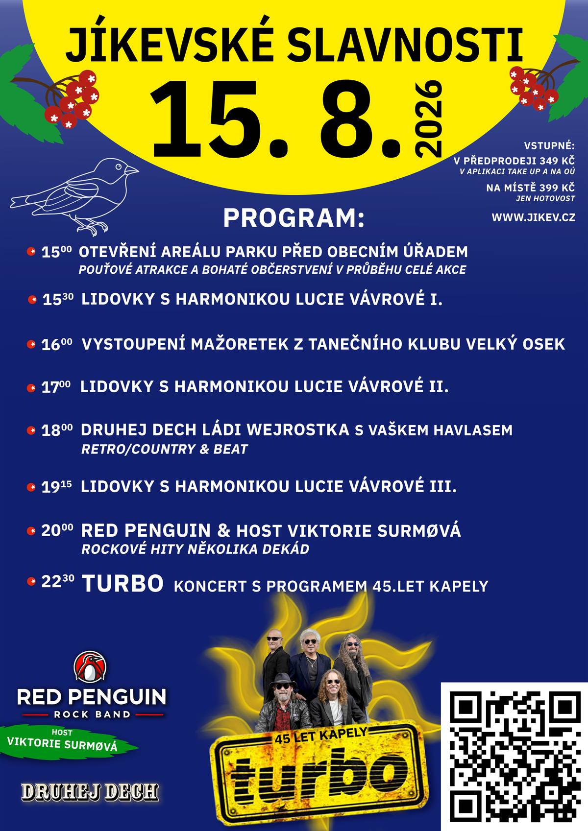 Vážení spoluobčané, rodáci, hosté, zveřejňujeme aktualizovaný program Slavností obce Jíkev, které se konají v sobotu 15.8.2026. https://jikev.cz/p/kulturni-akce