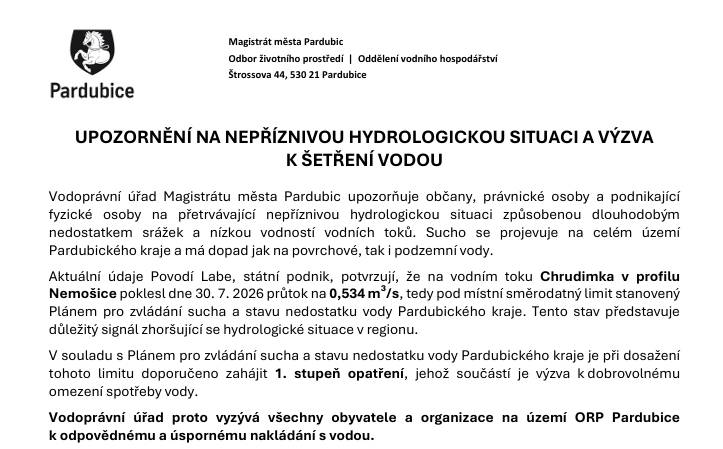 Vodoprávní úřad upozorňuje občany, právnické osoby a podnikající fyzické osoby na přetrvávající nepříznivou hydrologickou situaci způsobenou dlouhodobým nedostatkem srážek a nízkou vodností vodních toků.