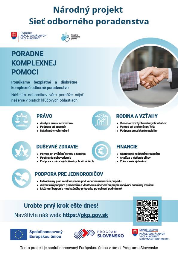 Mesto Sládkovičovo prináša v spolupráci s Poradňou komplexnej pomoci pre obyvateľov mesta bezplatné komplexné odborné poradenstvo v nasledovných oblastiach: právnej, psychologickej, sociálnej a ekonomickej.