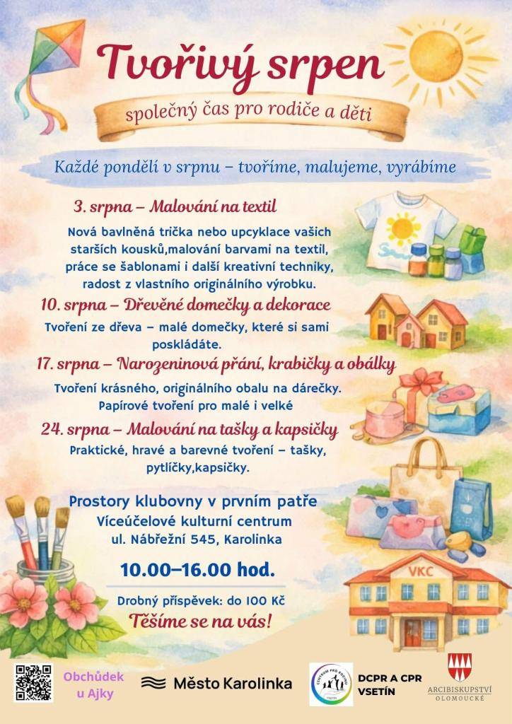 Zveme všechny malé i velké kreativce na Tvořivý srpen - sérii tvořivých dílen pro rodiče s dětmi, které se budou konat každé srpnové pondělí ve Víceúčelovém kulturním centru v Karolince.