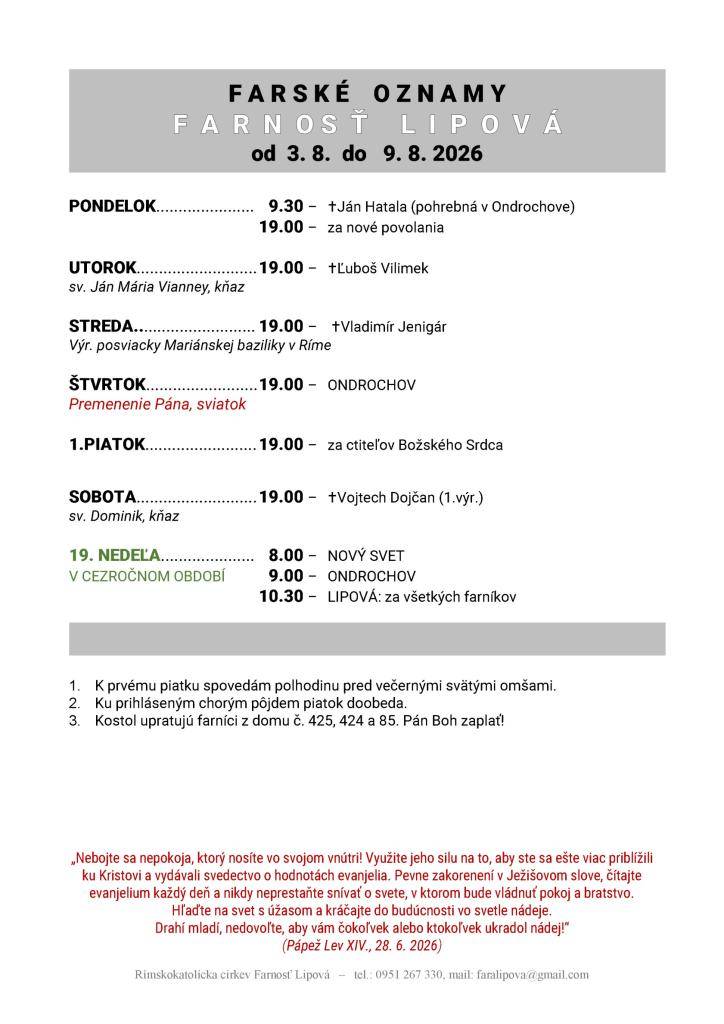 Poriadok bohoslužieb od 03.08. do 09.08.2026