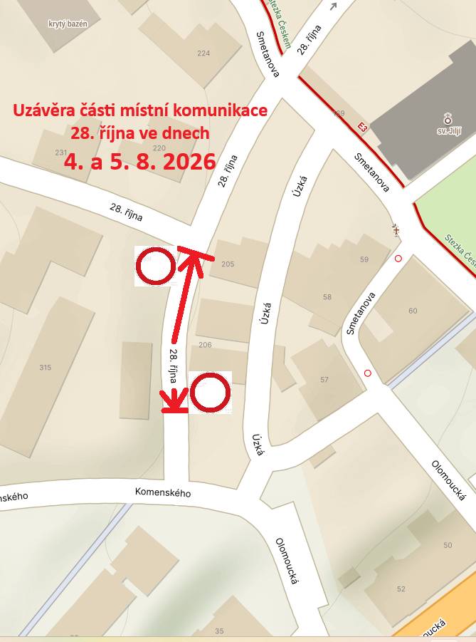 Ve dnech 4. a 5. 8. 2026 bude částečně uzavřena pro motorová vozidla i pěší část ulice 28. října (viz mapa).