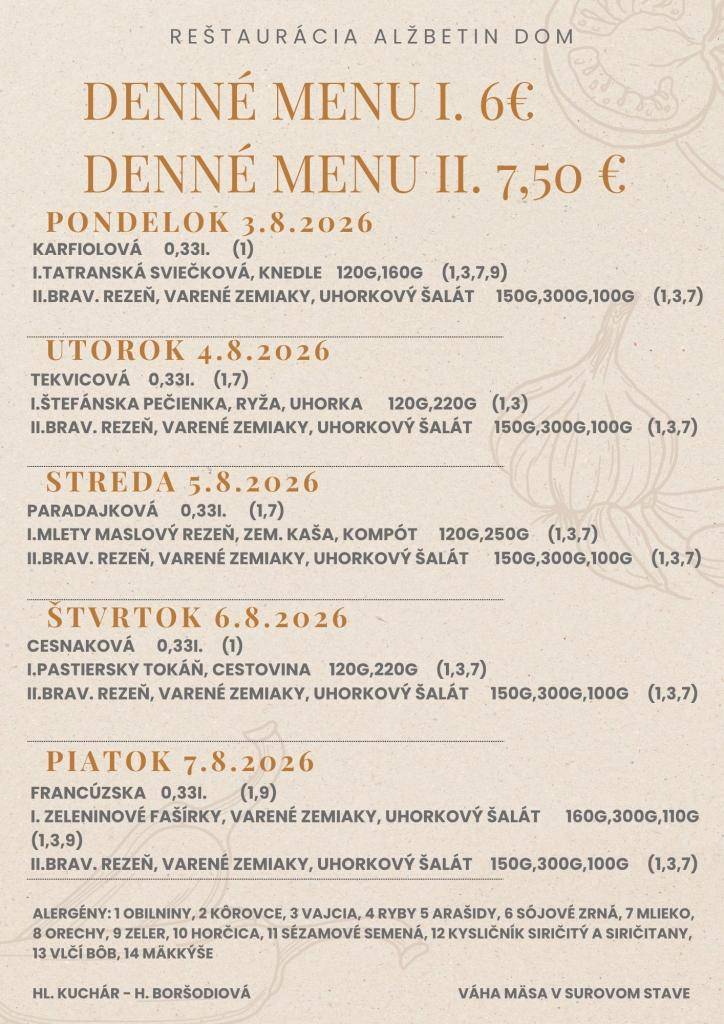 Jedálny lístok 3.8.-7.8.2026