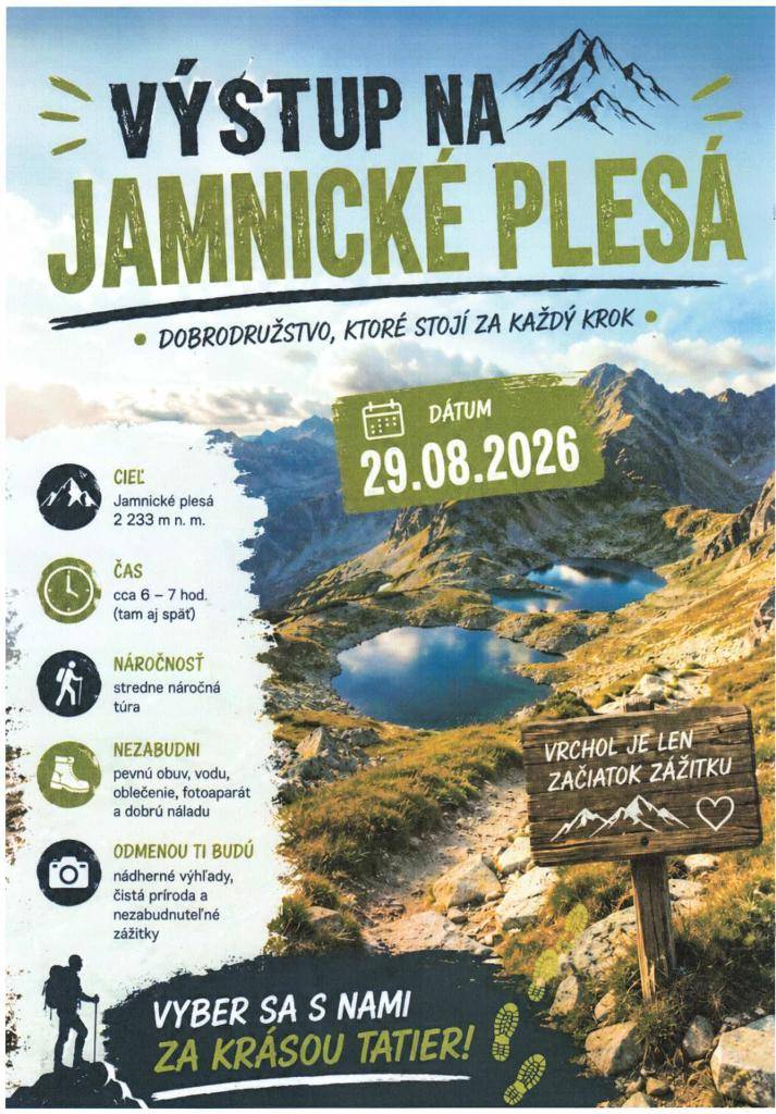 Výstup na Jamnické plesá - dobrodružstvo, ktoré stojí za každý krok.  29.08.2026
