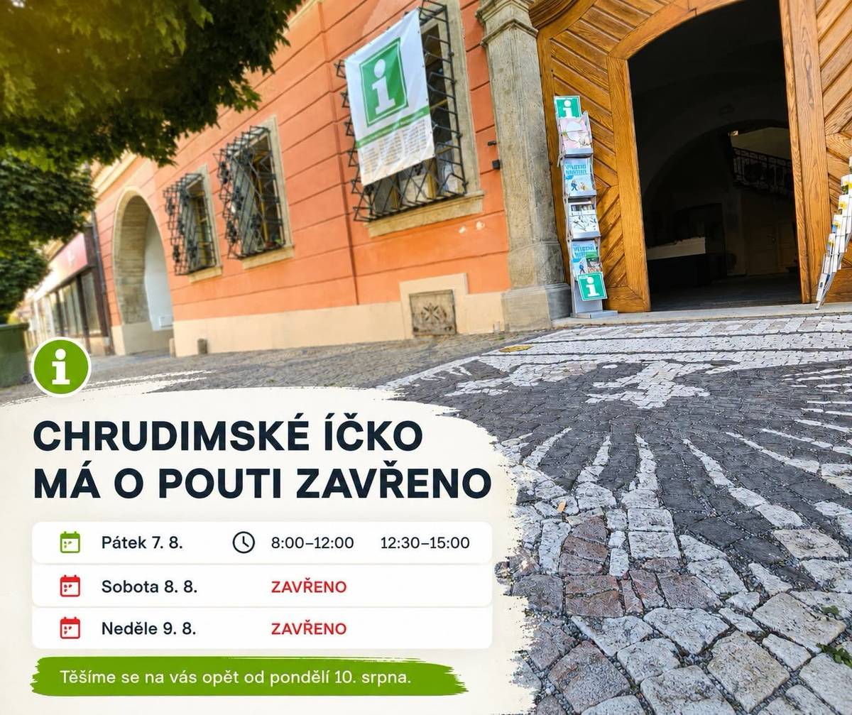 Vážení obyvatelé a návštěvníci,     pokud plánujete se během pouti zastavit v Turistickém informačním centru, podívejte se na otevírací dobu:     Pátek 7. srpna 8:00–12:00 12:30–15:00     Sobota 8. srpna – zavřeno   Neděle 9. srpna – zavřeno     Děkujeme za pochopení.   Přejeme vám příjemně strávenou Salvátorskou pouť a těšíme se na vaši návštěvu opět od pondělí 10. srpna, kdy bude Turistické informační centrum otevřeno v běžné otevírací době.