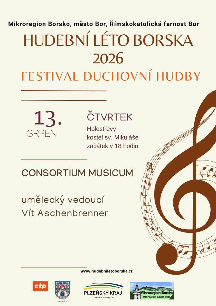 Festival duchovní hudby Hudební léto Borska se koná 13. srpna 2026 v kostele sv. Mikuláše v obci Holostřevy.