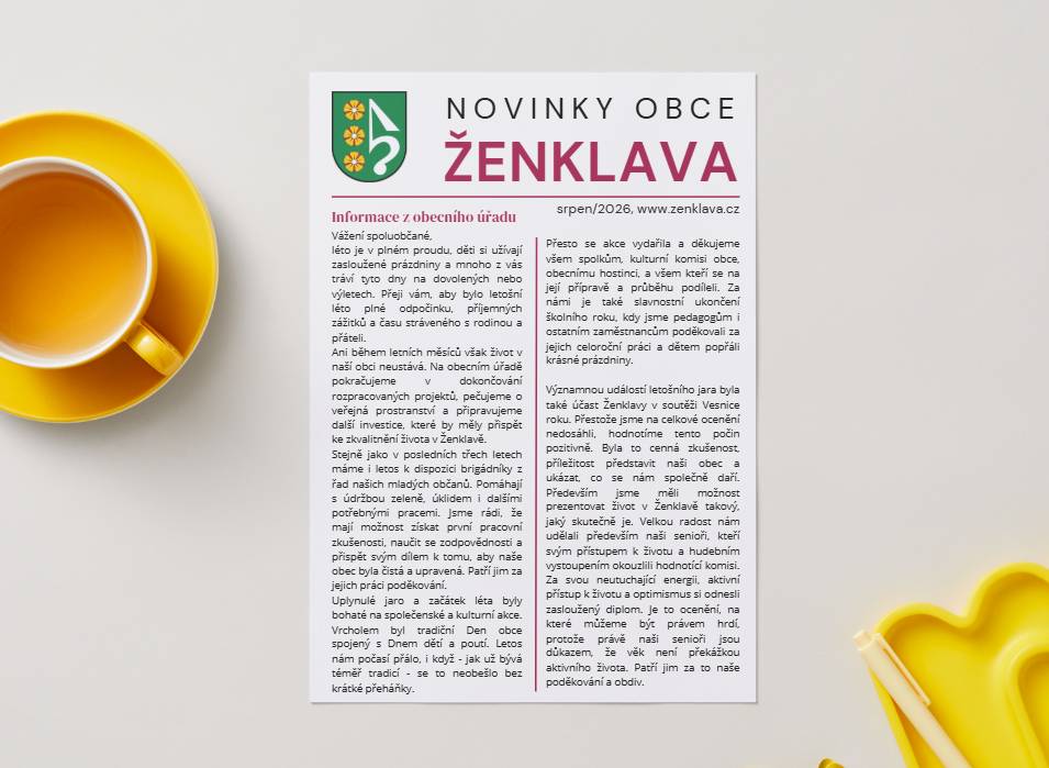 Oznamujeme všem občanům, že vyšlo nové číslo obecního zpravodaje srpen/2026. 🗞️ Zpravodaj najdete již brzy ve svých poštovních schránkách a v elektronické podobě je k dispozici ke stažení na webu obce nebo ZDE: https://zenklava.cz/wp-content/uploads/2026/08/Zpravodaj-srpen-2026.pdf Přejeme příjemné čtení! ☕📖