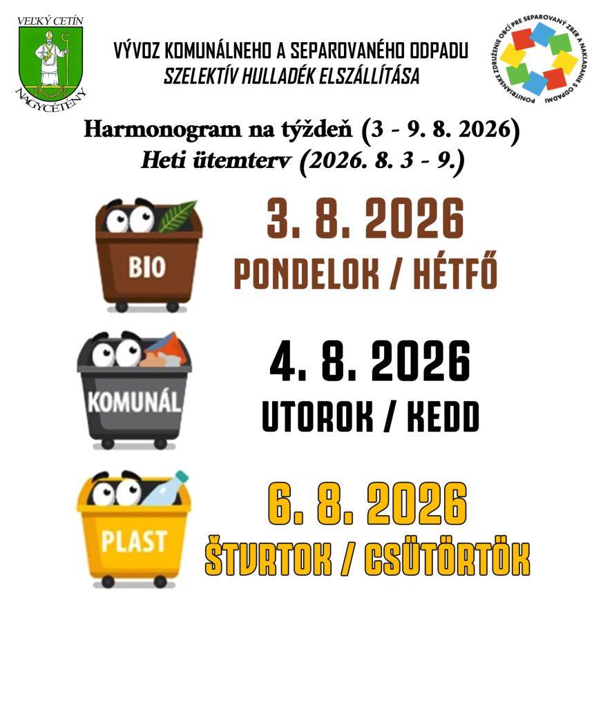 Harmonogram na týždeň (3. 8. - 9. 8. 2026)