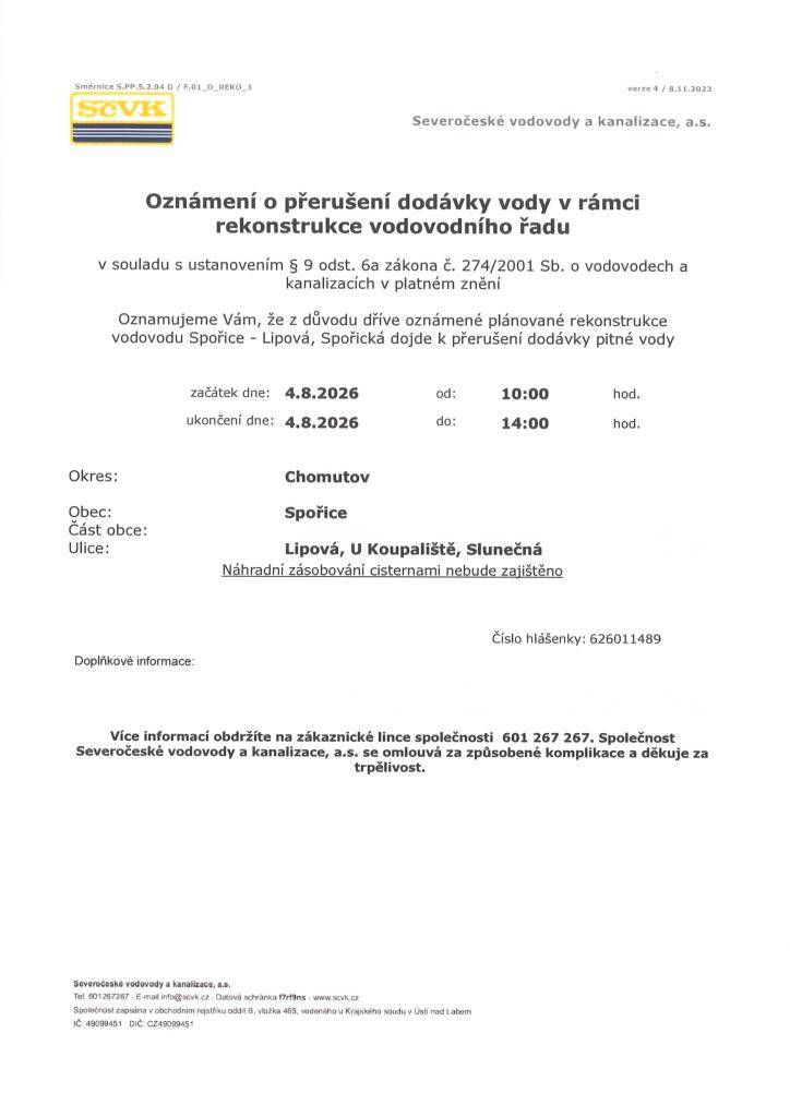 Z důvodu plánované rekonstrukce vodovodu, dojde k přerušení dodávky pitné vody v ulicích Lipová, U koupaliště, Slunečná.