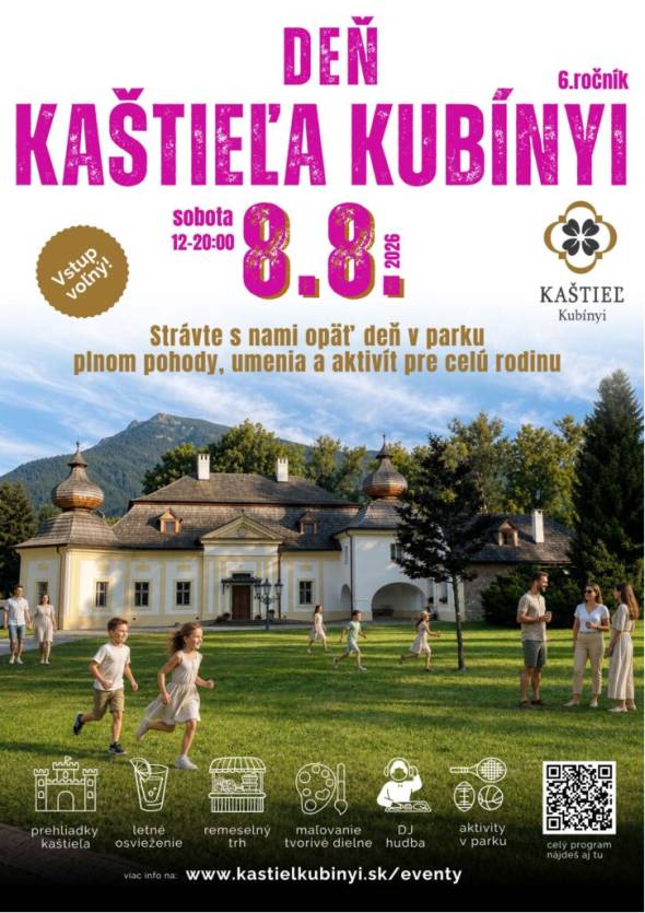 DEŇ KAŠTIEĽA KUBÍNYI vám opäť prinesie mnoho krásnych zážitkov pre celú rodinu.   Pozývame vás na 6. ročník otvorených dverí v sobotu 8.8. 2026 od 12:00 do 23:00.  Príďte si s nami užiť deň v parku plnom pohodovej letnej atmosféry a zaujímavých aktivít