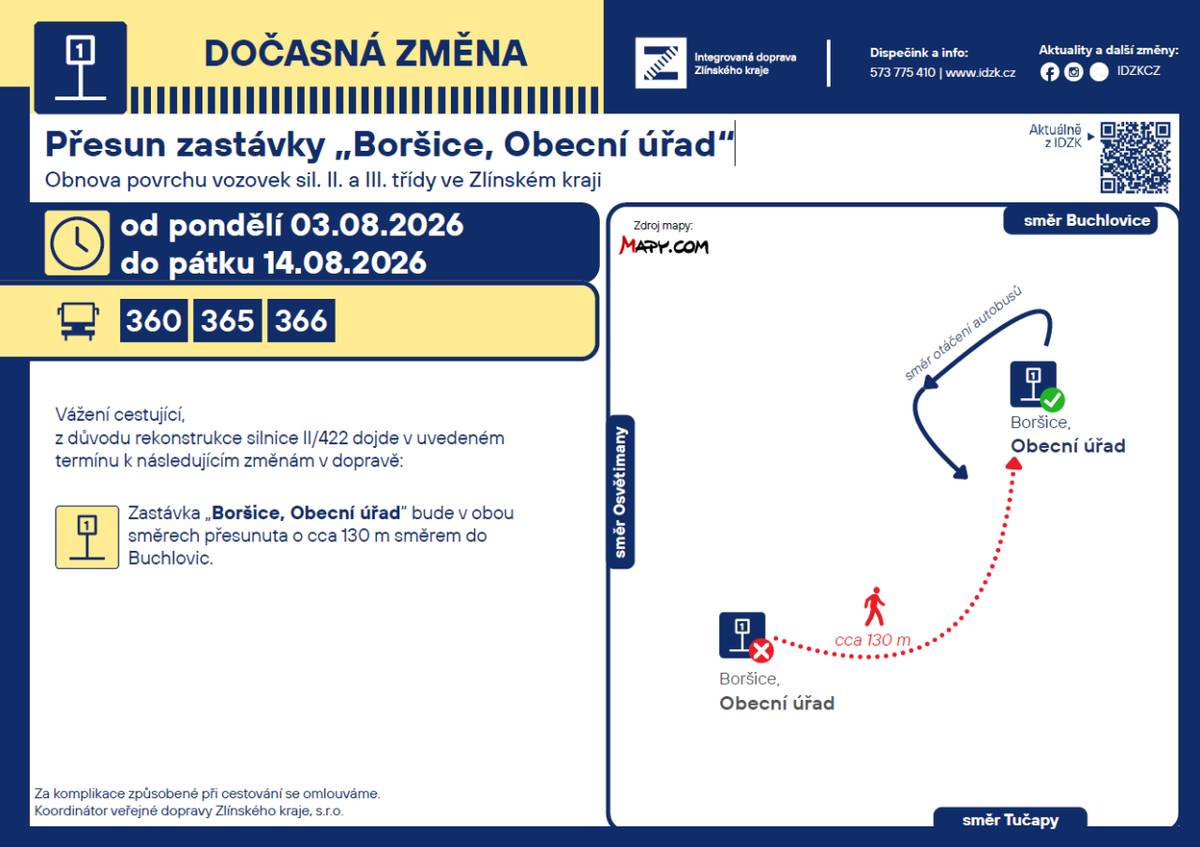 Informace o přesunu zastávky „Boršice, Obecní úřad“