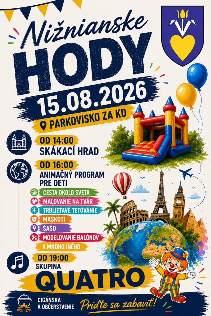 Obec Nižná srdečne pozýva všetkých občanov na hodové slávnosti, ktoré sa uskutočnia 15. 08 2026. Pripravený je pestrý program. Deti sa môžu tešiť na zábavný program plný hier, súťaží a dobrej nálady. O hudobnú atmosféru sa postará obľúbená skupina Quatro. Príďte si užiť príjemné popoludnie.
